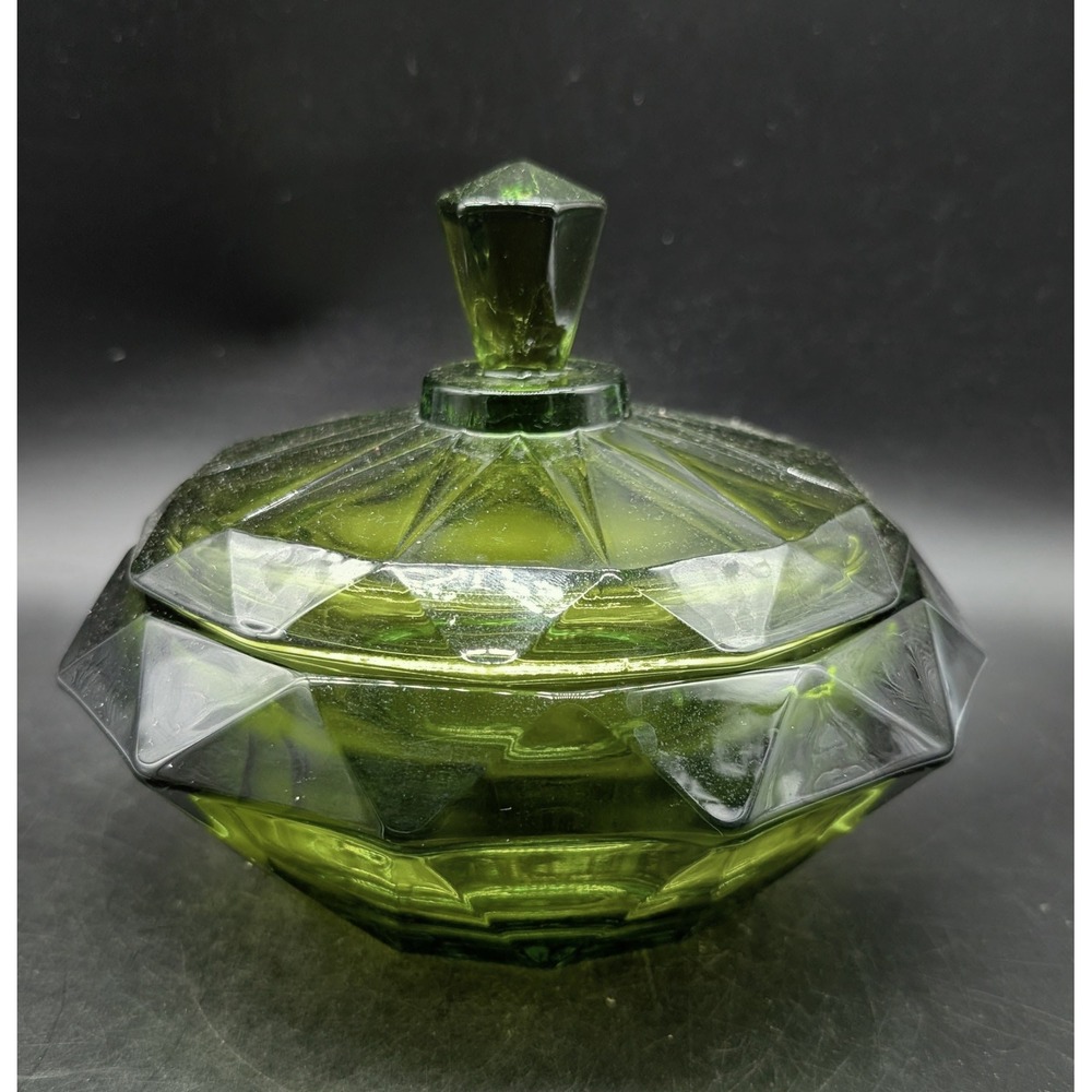Vintage Viking Glass Emerald Green Diamond Point Candy Dish Compote Lid